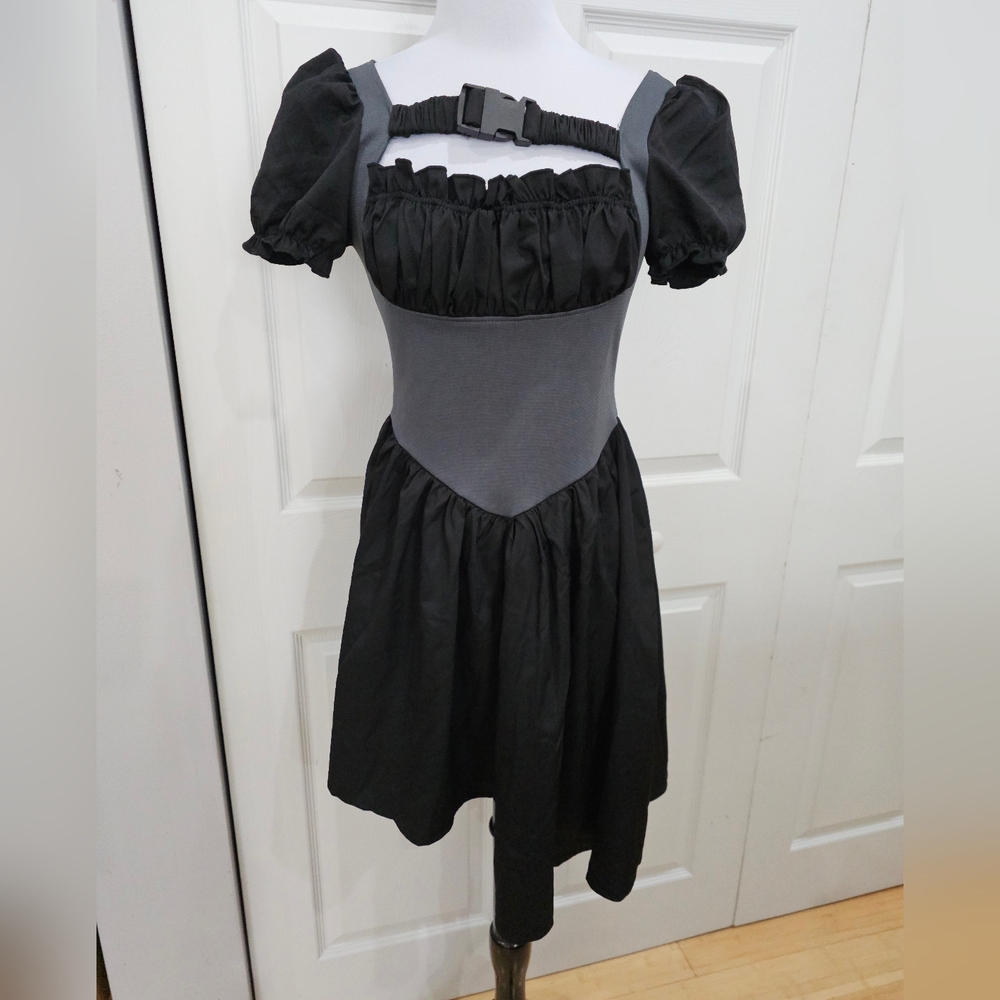 Dolls Kill Zemeta Lock Me Up Asymmetrical Hem Buckle Strap Black Gray Dress S - Picture 7 of 10